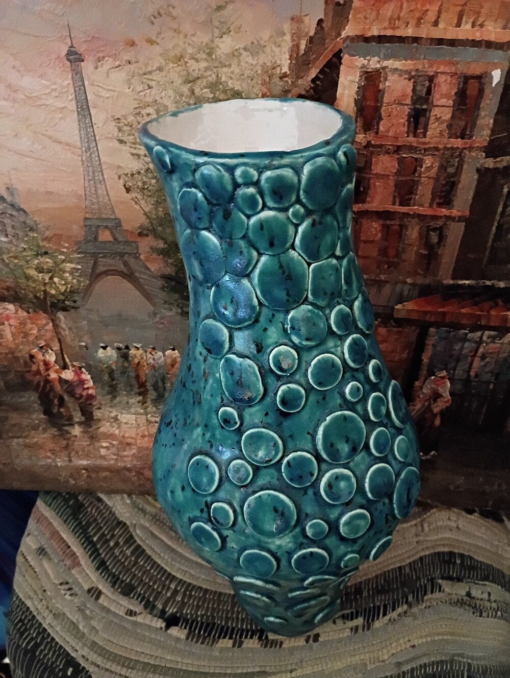 Vintage Charles Cart-"Brutalist" Textured "1960s "Fat Lava" Teal Ceramic Vase. - Picture 5 of 5